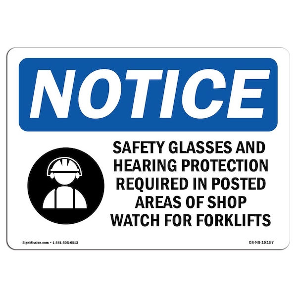 OSHA Sign, Glasses And Hearing Protection With Symbol, 10in X 7in Aluminum, 10" W, 7" H, Landscape